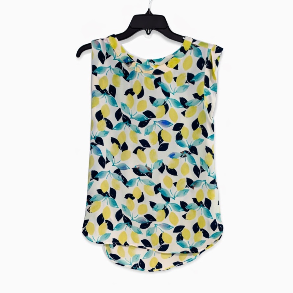 Ann Taylor Factory Lemon Print Sleeveless Blouse XS White Yellow
